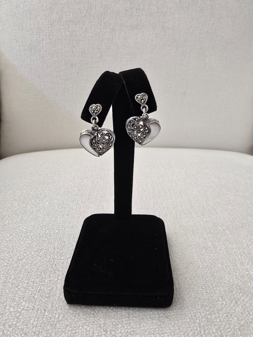 Vintage Sterling Silver Heart Drop Earrings with Marcasite & Mother of Pearl